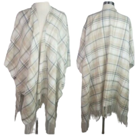 NWT!!! CHARTER CLUB plaid fringe women's ruana poncho -NEUTRAL - Picture 2 of 4